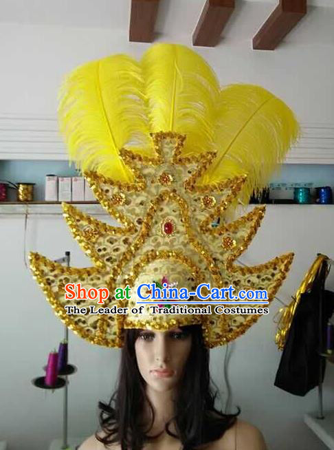Top Grade Brazilian Rio Carnival Samba Dance Yellow Hair Accessories Headpiece, Halloween Parade Headwear for Women