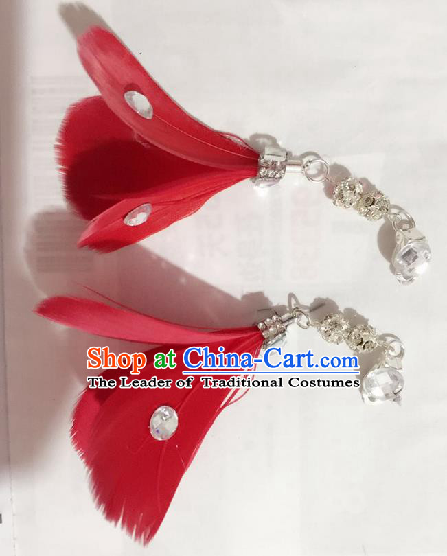 Top Grade Brazilian Rio Carnival Samba Dance Accessories Earrings, Halloween Parade Red Feather Eardrop for Women