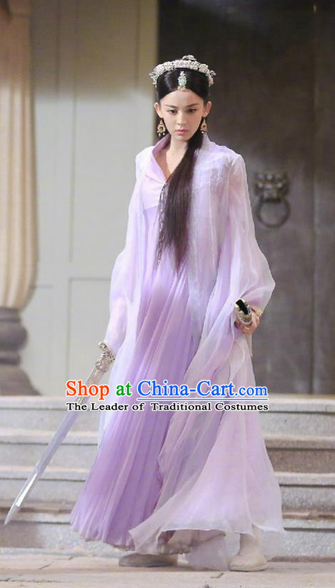 Traditional Ancient Chinese Tang Dynasty Peri Costume and Handmade Headpiece Complete Set, Fighter of the Destiny Hanfu Swordswoman Princess Clothing