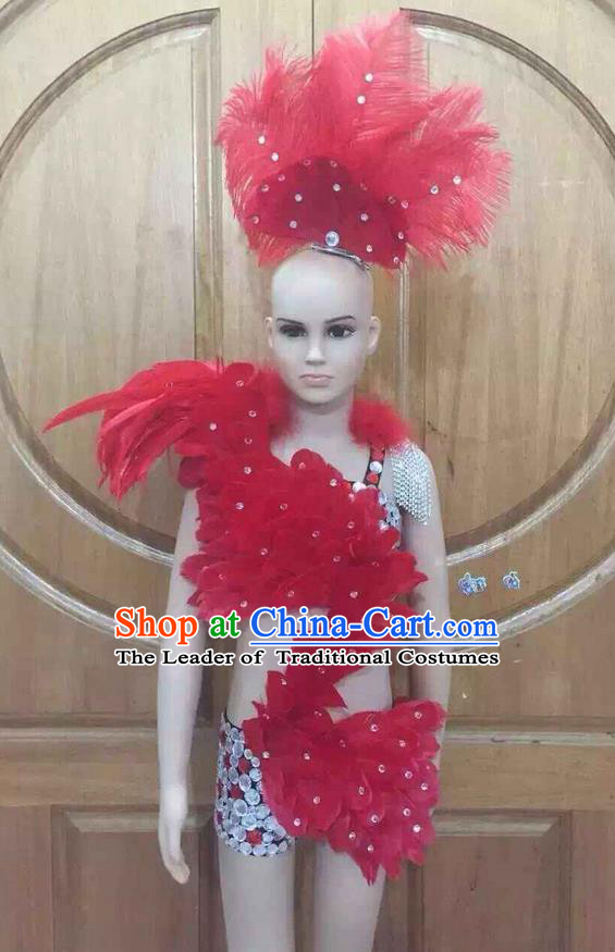 Top Grade Professional Performance Catwalks Costume Red Swimsuit and Headwear, Traditional Brazilian Rio Carnival Samba Dance Bikini Clothing for Kids