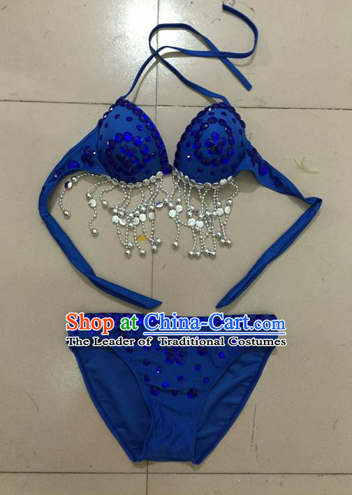 Top Grade Professional Performance Catwalks Costume Royalblue Swimsuit, Traditional Brazilian Rio Carnival Samba Belly Dance Bikini Clothing for Kids