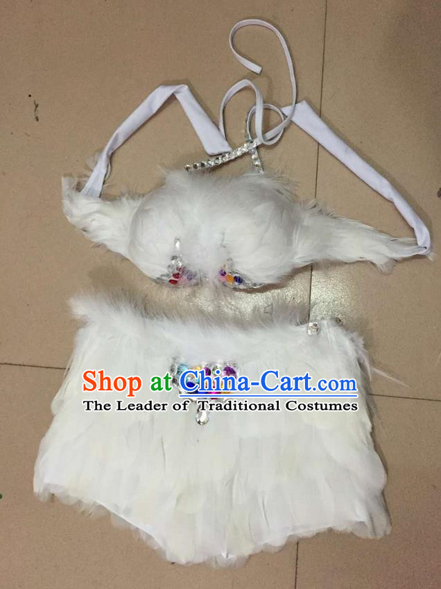 Top Grade Professional Performance Catwalks Costume White Feather Bikini, Traditional Brazilian Rio Carnival Samba Dance Modern Fancywork Swimsuit for Women