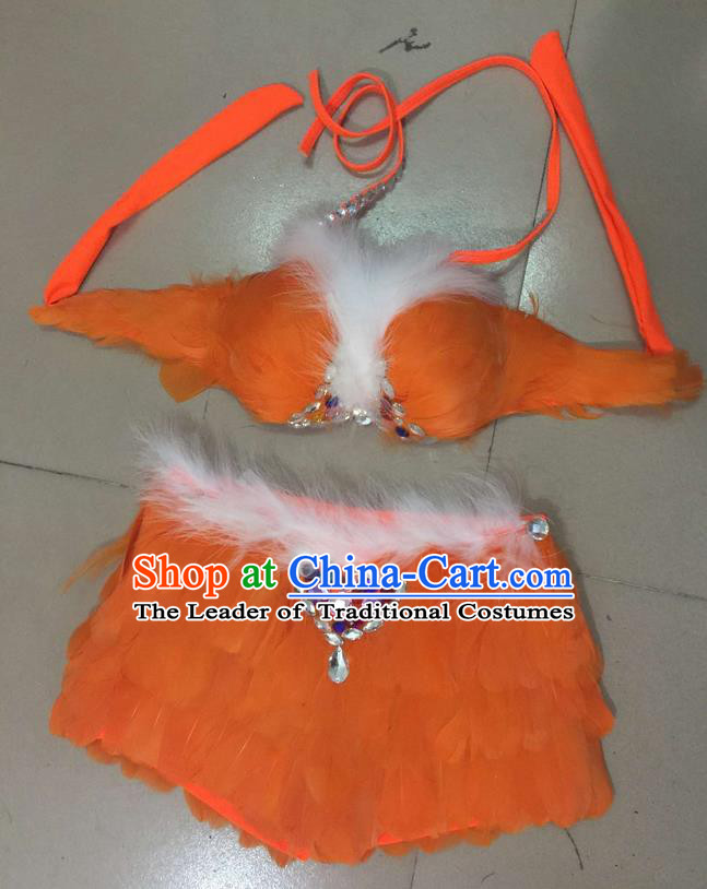 Top Grade Professional Performance Catwalks Costume Orange Feather Bikini, Traditional Brazilian Rio Carnival Samba Dance Modern Fancywork Swimsuit for Women