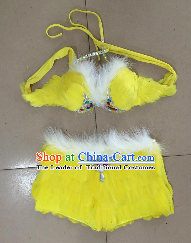 Top Grade Professional Performance Catwalks Costume Yellow Feather Bikini, Traditional Brazilian Rio Carnival Samba Dance Modern Fancywork Swimsuit for Women