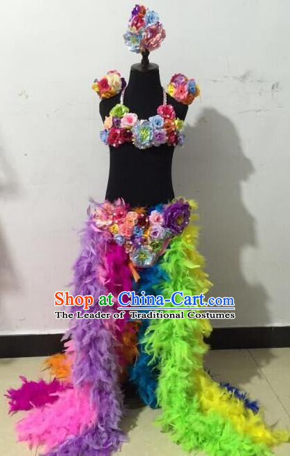 Top Grade Professional Performance Catwalks Swimsuit Flowers Costume, Traditional Brazilian Rio Carnival Samba Dance Modern Fancywork Bikini Clothing for Girls