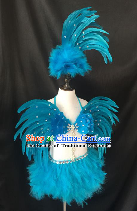 Top Grade Professional Performance Catwalks Blue Feather Swimsuit Costume, Traditional Brazilian Rio Carnival Samba Dance Modern Fancywork Clothing for Girls