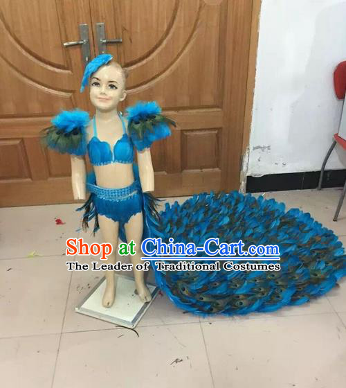 Top Grade Professional Performance Catwalks Swimsuit Costume, Traditional Brazilian Rio Carnival Samba Dance Modern Fancywork Long Streaking Bikini Clothing for Kids