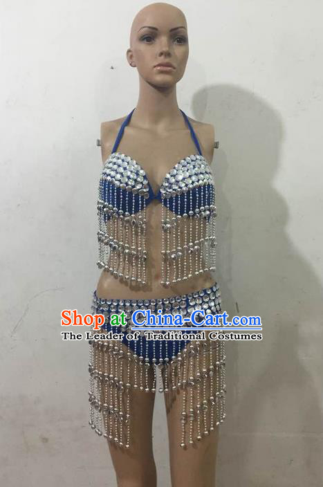 Top Grade Professional Performance Catwalks Tassel Bikini, Traditional Brazilian Rio Carnival Samba Modern Fancywork Belly Dance Blue Swimsuit Clothing for Women