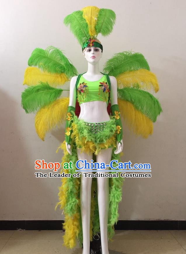 Top Grade Professional Performance Catwalks Green and Yellow Feather Bikini and Headwear Wings, Brazilian Rio Carnival Samba Opening Dance Swimsuit Clothing for Women