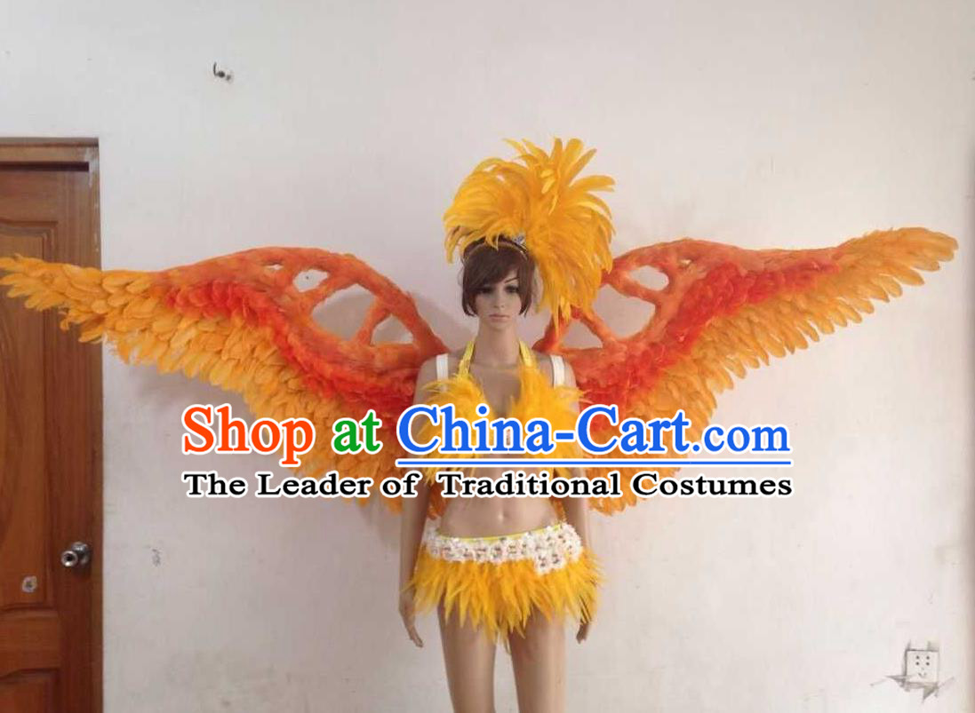 Top Grade Professional Performance Catwalks Golden Swimsuit, Brazilian Rio Carnival Parade Samba Opening Dance Bikini and Feather Wings for Women