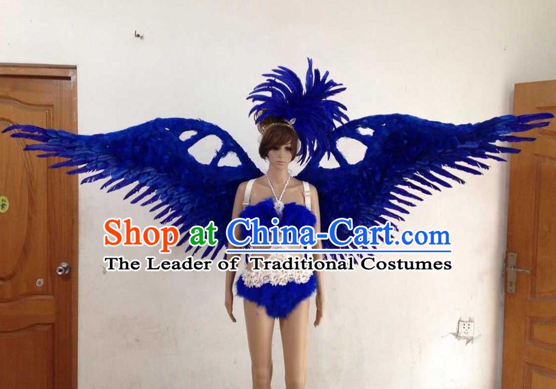 Top Grade Professional Performance Catwalks Royalblue Swimsuit, Brazilian Rio Carnival Parade Samba Opening Dance Bikini and Feather Wings for Women