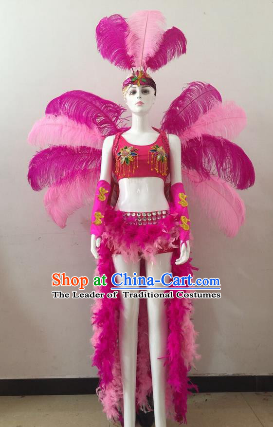 Top Grade Professional Performance Catwalks Rosy and Pink Feather Bikini and Headwear Wings, Brazilian Rio Carnival Samba Opening Dance Swimsuit Clothing for Women