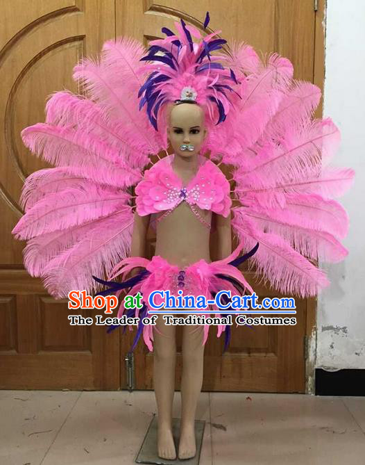 Top Grade Professional Performance Catwalks Bikini and Pink Feathers Wings, Brazilian Rio Carnival Samba Opening Dance Swimsuit Clothing for Girls