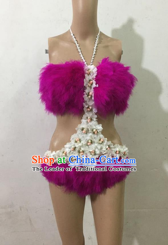 Top Grade Professional Performance Catwalks Purple Swimsuit, Brazilian Rio Carnival Parade Samba Belly Dance Opening Dance Feather Bikini for Women