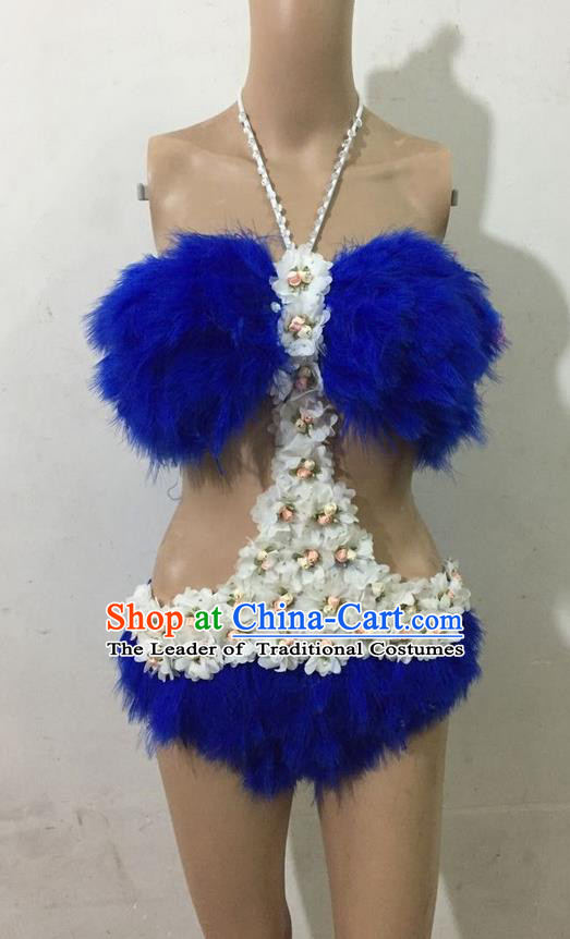 Top Grade Professional Performance Catwalks Blue Swimsuit, Brazilian Rio Carnival Parade Samba Belly Dance Opening Dance Feather Bikini for Women