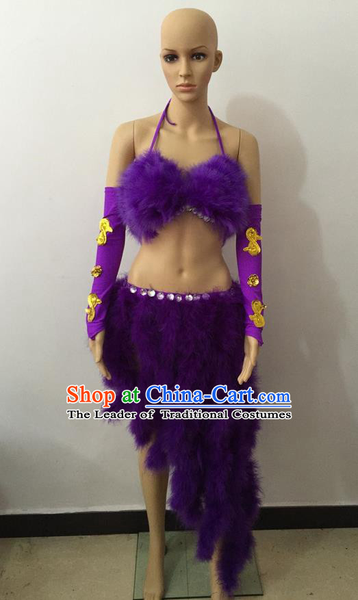 Top Grade Professional Performance Catwalks Costume Purple Swimsuit, Brazilian Rio Carnival Parade Samba Belly Dance Opening Dance Bikini for Women