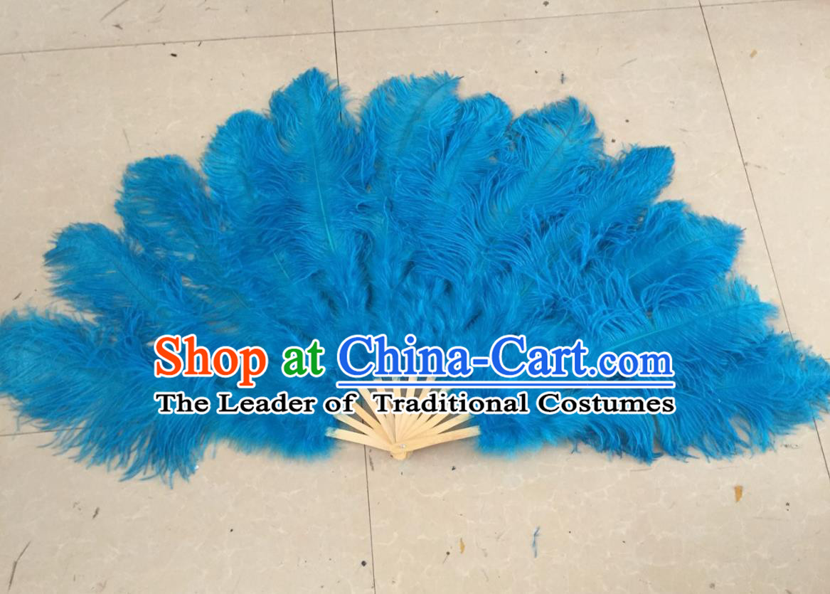 Top Grade Professional Performance Catwalks Blue Feather Big Fans, Brazilian Rio Carnival Parade Samba Dance Folding Fans