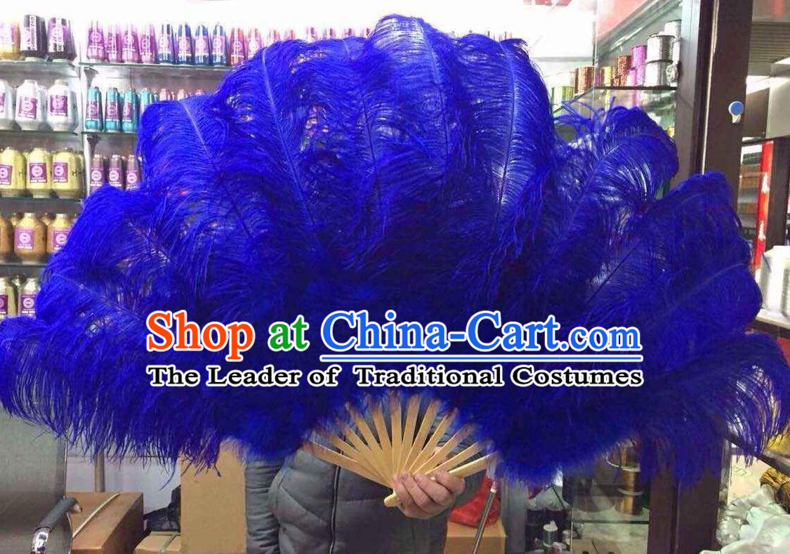 Top Grade Professional Performance Catwalks Royalblue Feather Big Fans, Brazilian Rio Carnival Parade Samba Dance Folding Fans