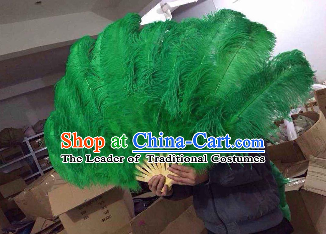 Top Grade Professional Performance Catwalks Deep Green Feather Big Fans, Brazilian Rio Carnival Parade Samba Dance Folding Fans