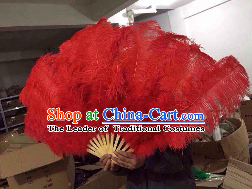 Top Grade Professional Performance Catwalks Red Feather Big Fans, Brazilian Rio Carnival Parade Samba Dance Folding Fans