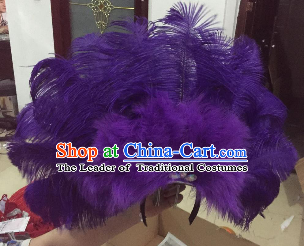 Top Grade Professional Performance Catwalks Purple Feathers Deluxe Hair Accessories, Brazilian Rio Carnival Parade Samba Dance Headdress for Women