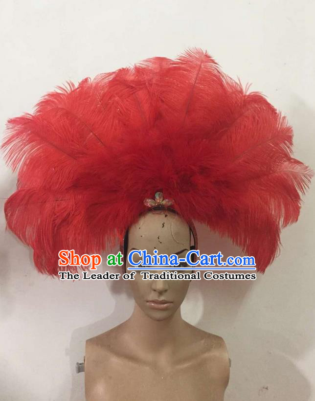 Top Grade Professional Performance Catwalks Red Feathers Deluxe Hair Accessories, Brazilian Rio Carnival Parade Samba Dance Headdress for Women