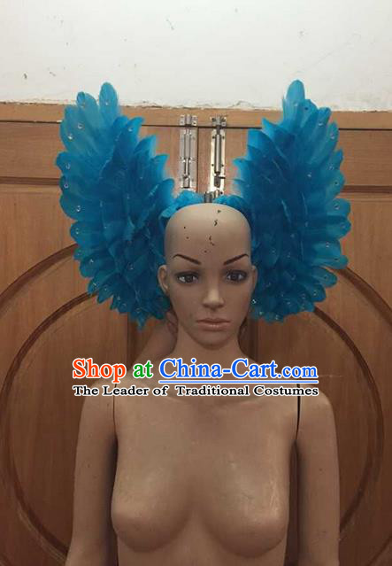 Top Grade Professional Performance Catwalks Blue Feathers Bowknot Hair Accessories, Brazilian Rio Carnival Parade Samba Dance Headpiece for Women