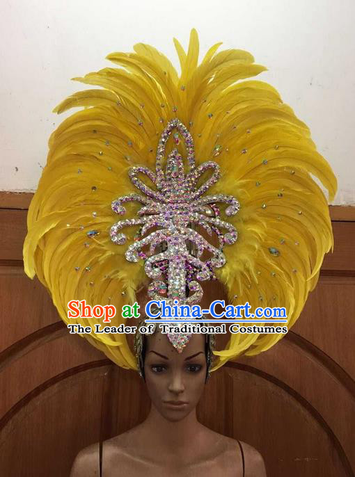 Top Grade Professional Performance Catwalks Yellow Feathers Big Hair Accessories, Brazilian Rio Carnival Parade Samba Dance Deluxe Hat for Women