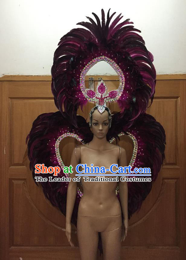 Top Grade Compere Professional Performance Catwalks Wine Red Feathers Wings and Headwear, Brazilian Rio Carnival Samba Opening Dance Modern Fancywork Feather Decorations for Women