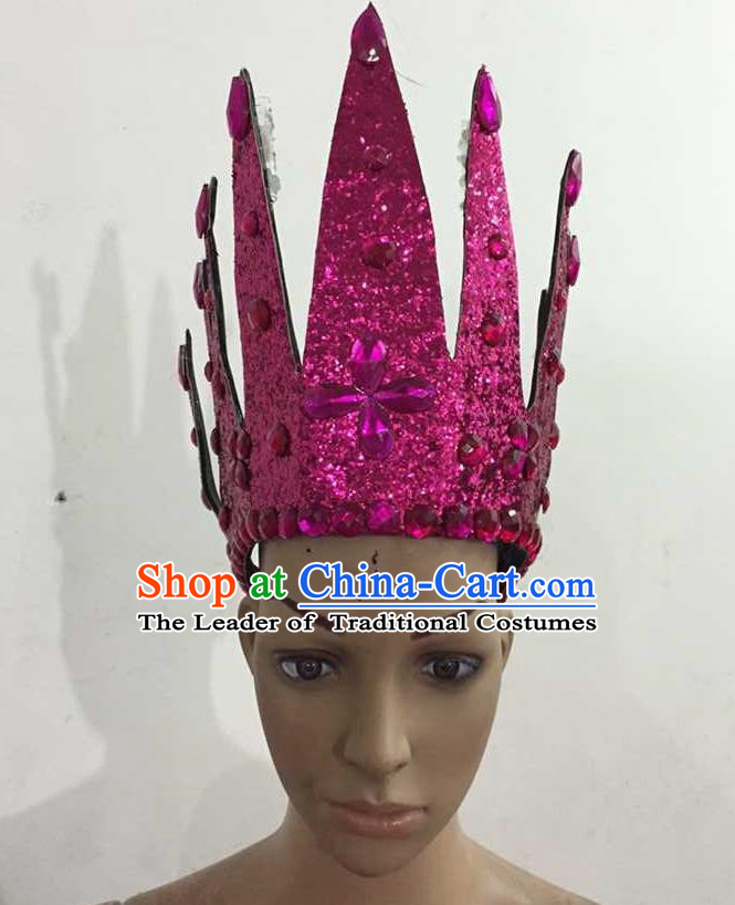 Top Grade Professional Performance Catwalks Hair Accessories, Brazilian Rio Carnival Parade Samba Dance Rosy Crystal Crown Headwear for Women