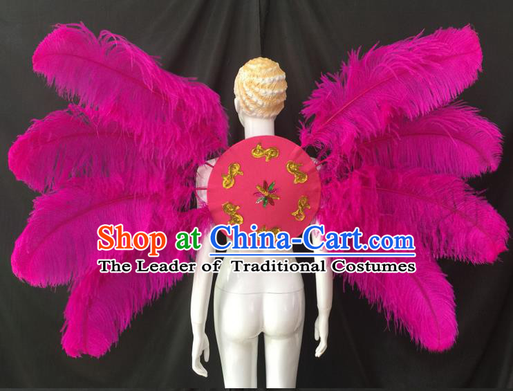 Top Grade Professional Performance Catwalks Rosy Feathers Decorations Backplane, Brazilian Rio Carnival Parade Samba Dance Wings for Women