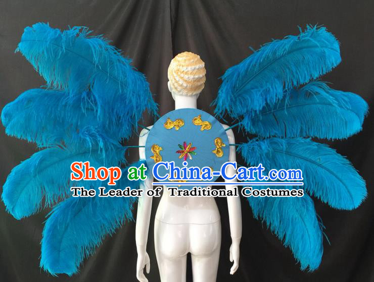 Top Grade Professional Performance Catwalks Blue Feathers Decorations Backplane, Brazilian Rio Carnival Parade Samba Dance Wings for Women