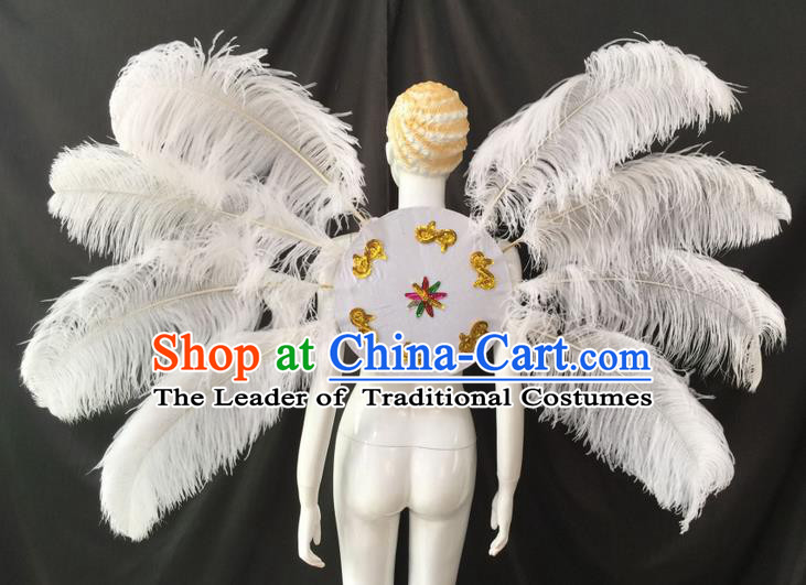 Top Grade Professional Performance Catwalks White Feathers Decorations Backplane, Brazilian Rio Carnival Parade Samba Dance Wings for Women