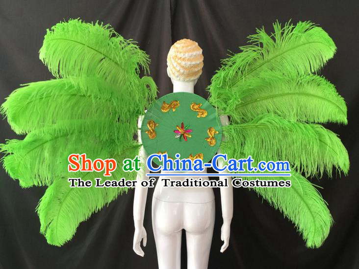 Top Grade Professional Performance Catwalks Green Feathers Decorations Backplane, Brazilian Rio Carnival Parade Samba Dance Wings for Women