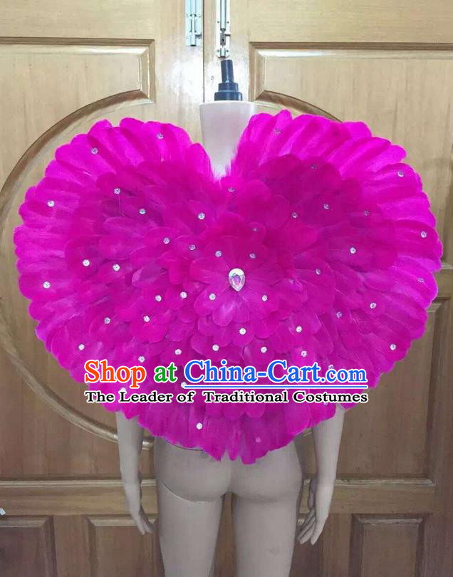 Top Grade Professional Performance Catwalks Rosy Feathers Decorations Heart-shaped Backplane, Brazilian Rio Carnival Parade Samba Dance Props for Women