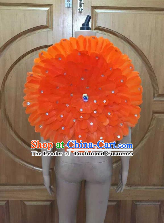 Top Grade Professional Performance Catwalks Orange Feathers Decorations Round Backplane, Brazilian Rio Carnival Parade Samba Dance Props for Women