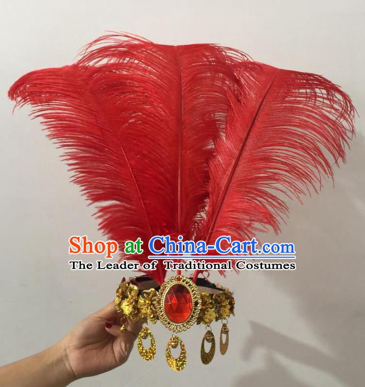 Top Grade Professional Performance Catwalks Halloween Red Feathers Head Decorations Headpiece, Brazilian Rio Carnival Parade Samba Dance Headwear for Women