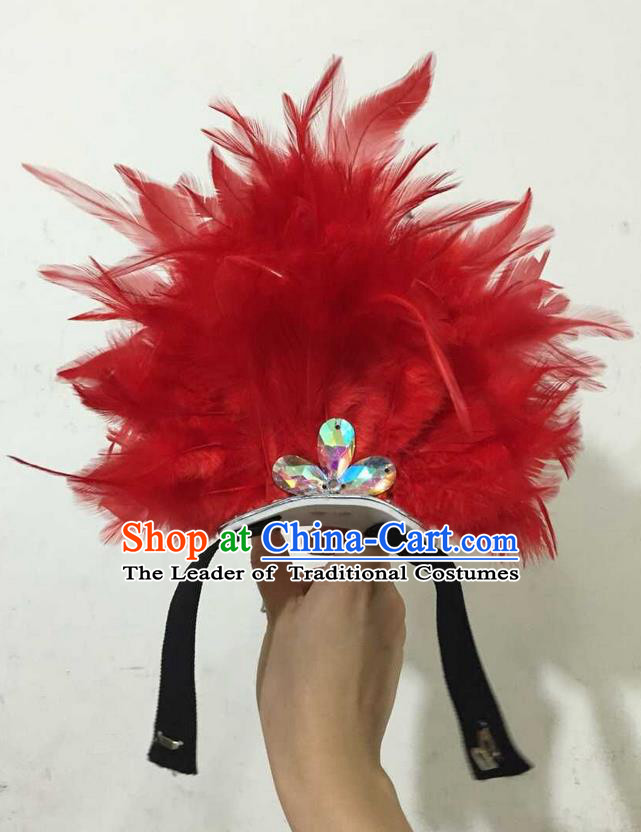 Top Grade Professional Performance Catwalks Halloween Red Feathers Head Decorations Headpiece, Brazilian Rio Carnival Parade Samba Dance Headwear for Kids