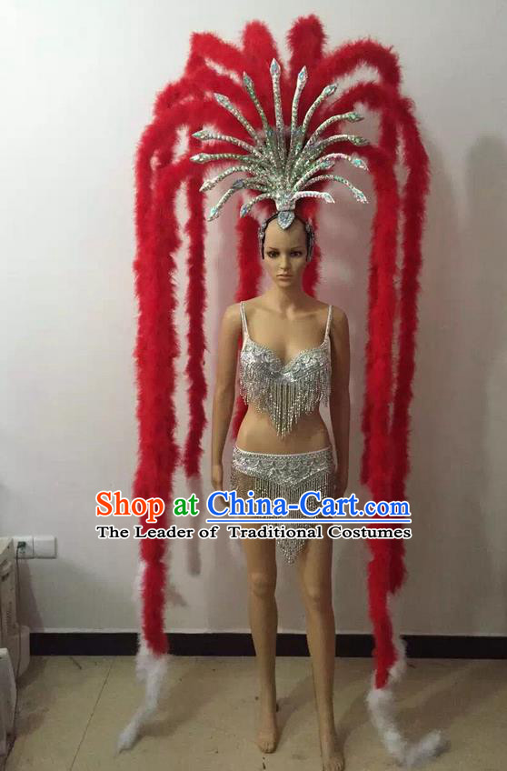 Top Grade Professional Performance Catwalks Halloween Decorations Red Headpiece, Brazilian Rio Carnival Parade Samba Dance Big Hair Accessories for Women