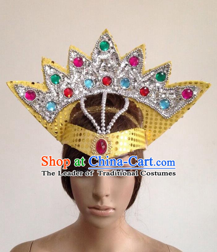 Top Grade Professional Performance Catwalks Yellow Crystal Crown Decorations Hair Accessories, Brazilian Rio Carnival Parade Samba Dance Headpiece for Women