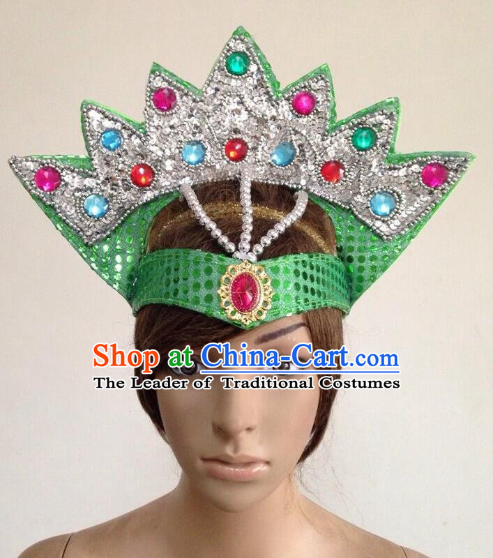 Top Grade Professional Performance Catwalks Green Crystal Crown Decorations Hair Accessories, Brazilian Rio Carnival Parade Samba Dance Headpiece for Women