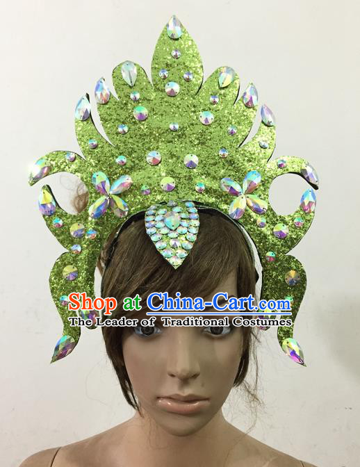 Top Grade Professional Performance Catwalks Queen Crystal Green Crown Hair Accessories, Brazilian Rio Carnival Parade Samba Dance Headpiece for Women