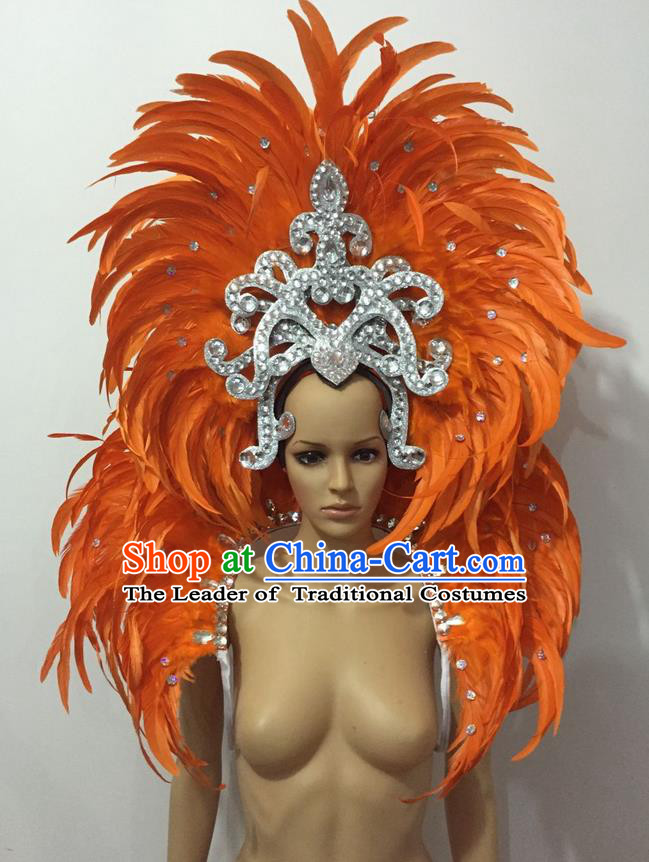 Top Grade Professional Performance Catwalks Opening Dance Orange Feather Big Hair Accessories, Brazilian Rio Carnival Parade Samba Dance Headpiece for Women