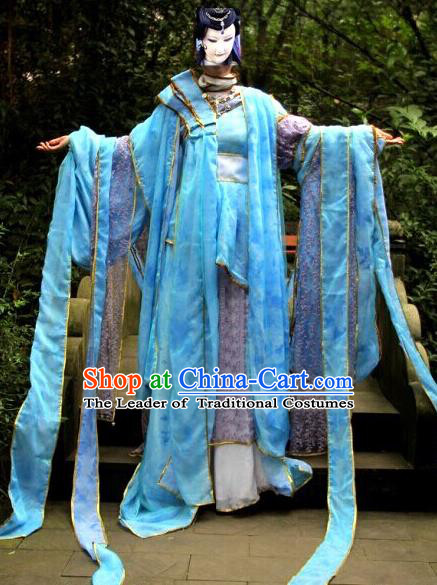 Top Grade Traditional China Ancient Cosplay Princess Costumes, China Ancient Young Lady Peri Water Sleeve Hanfu Blue Dress Clothing for Women