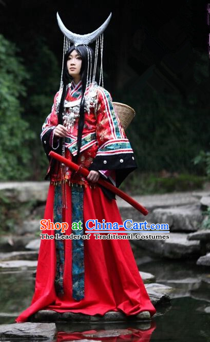 Top Grade Traditional China Ancient Cosplay Miao National Minority Wedding Costumes, China Ancient Hmong Bride Red Clothing for Women