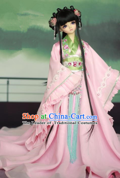 Top Grade Traditional China Ancient Female Costumes Complete Set, China Ancient Cosplay Han Dynasty Princess Pink Dress Hanfu Clothing for Adults and Kids