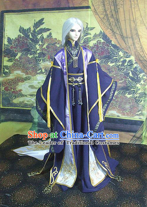 Top Grade Traditional China Ancient Cosplay Swordsman Costumes Complete Set, China Ancient Taoist Master Hanfu Purple Robe Clothing for Men for Kids
