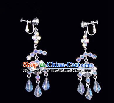 Chinese Ancient Peking Opera Head Accessories Young Lady Diva Colorful Crystal White Earrings, Traditional Chinese Beijing Opera Hua Tan Eardrop Ear Pendants