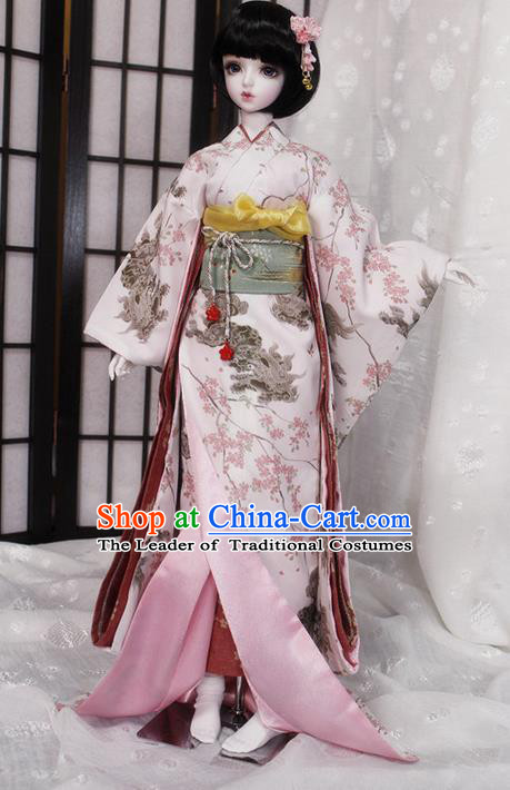 Top Grade Traditional Japan Cherry Blossom Kimono Costumes Complete Set, Ancient Japanese Kimono Cosplay Geisha Pink Clothing for Adults and Kids