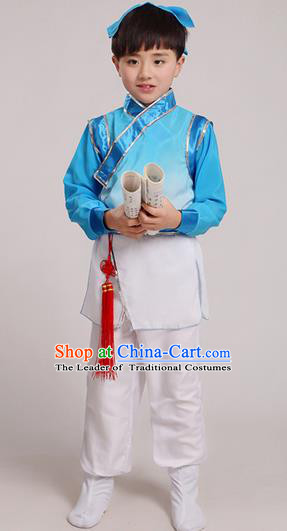Top Grade Chinese Ancient Scholar Costume and Headwear Complete Set, Children Martial Arts Performance Blue Clothing for Kids